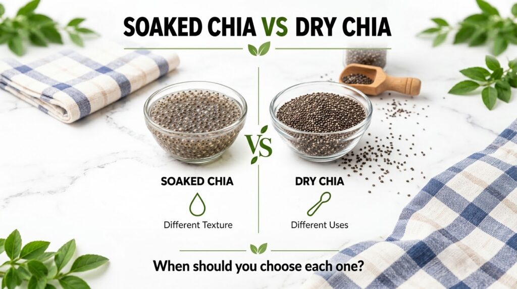 A side-by-side comparison of a bowl of soaked chia seeds with a gelatinous texture and a bowl of dry chia seeds with gre