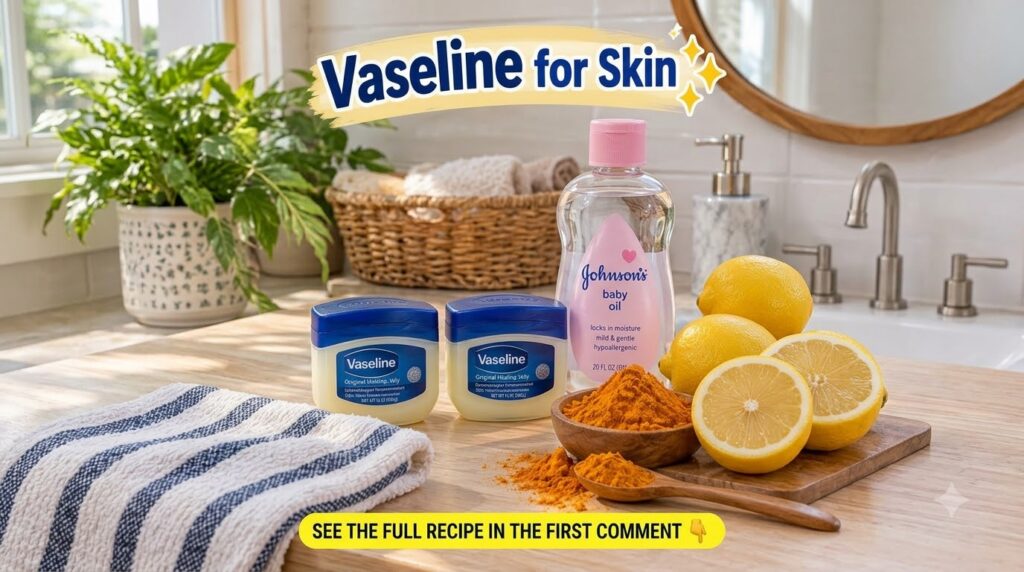 Three tubs of Vaseline a bottle of Johnson s Baby Oil turmeric powder in a wooden bowl with a spoon and several fresh le