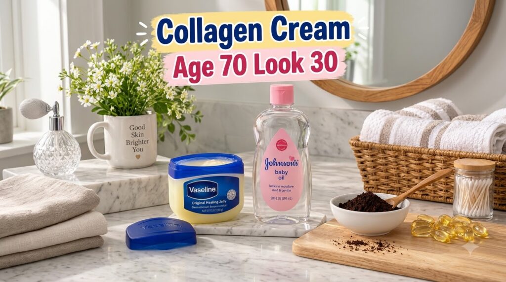 A flat lay arrangement of beauty ingredients including a tub of Vaseline a bottle of Johnson s Baby Oil a bowl of ground