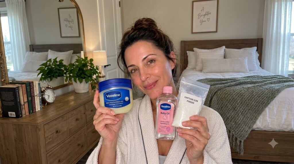 A smiling woman in a bathrobe holds up three beauty products a large tub of Vaseline a bottle of Vaseline Baby Oil and a