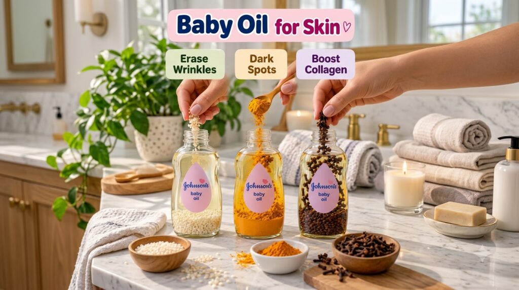 Three clear glass bottles of Johnson s baby oil on a marble surface with hands adding small white beads turmeric powder 
