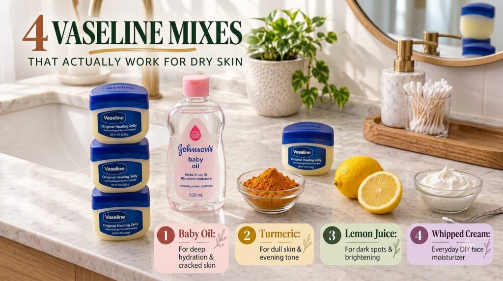 Four small bowls on a light countertop each containing a Vaseline mix one with baby oil one with lemon one with turmeric