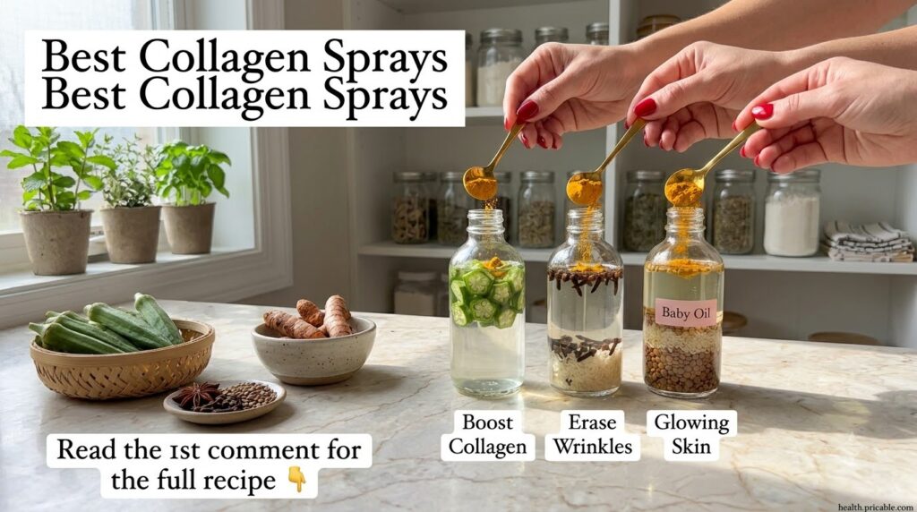 Three clear glass spray bottles filled with natural ingredients One contains sliced okra another has cloves and rice and