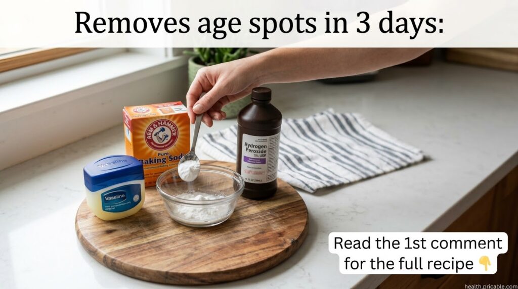 A feminine hand is adding white powdery baking soda from a metal spoon into a clear glass bowl with a jar of Vaseline an