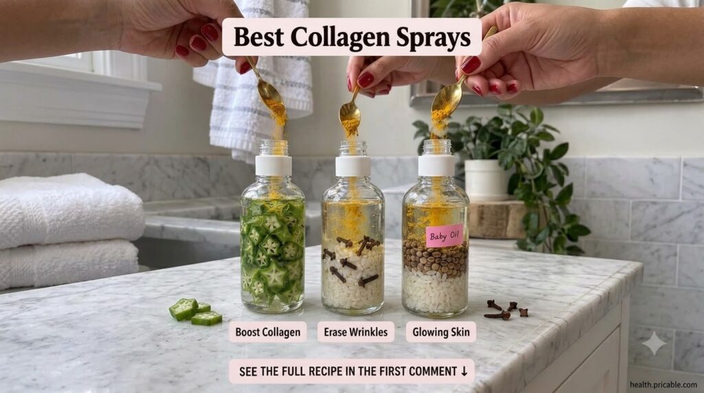 Three clear glass spray bottles on a marble surface a hand pouring yellow powder turmeric into one The bottles contain o