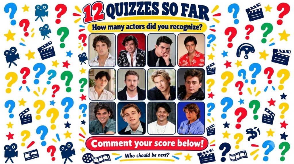 A quiz poster with a grid of 12 headshots of male actors featuring stars question marks and film icons as graphic elemen