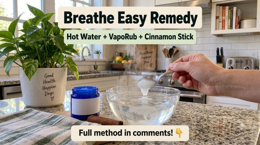 A hand holding a cinnamon stick with a blurred background showing a jar of Vicks VapoRub and a small plant illustrating 