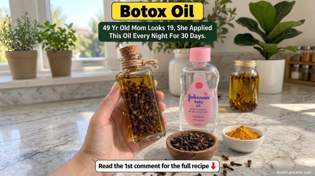 A clear glass bottle filled with dried cloves submerged in amber oil with a bottle of baby oil and a bowl of cloves on a
