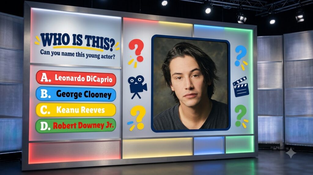 A Who Is This quiz featuring a headshot of a young Keanu Reeves at its center Surrounding the portrait are multiple-choi