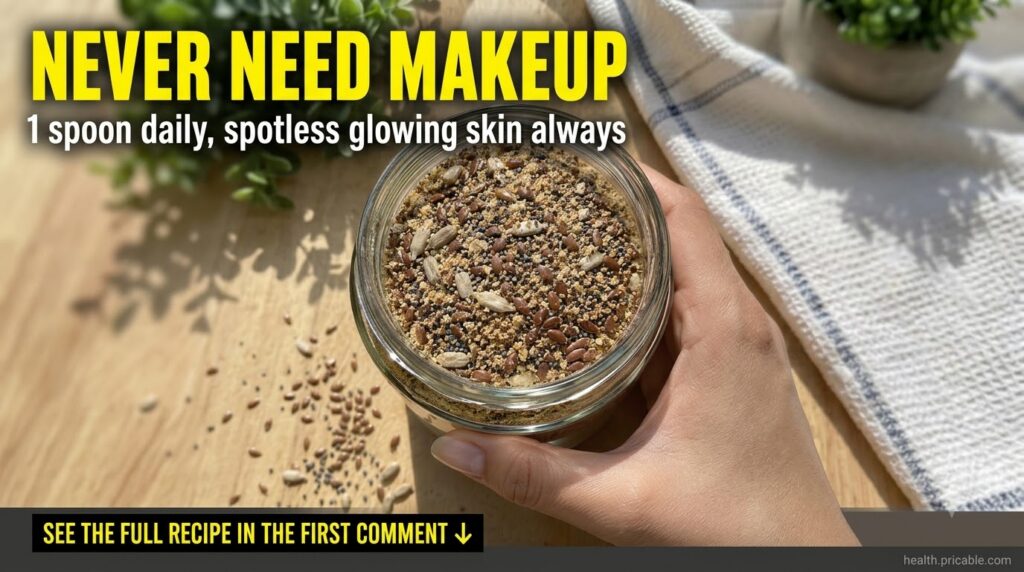 A clear glass jar filled with a mixture of ground flaxseed whole flax seeds poppy seeds and sunflower seeds held by a wo