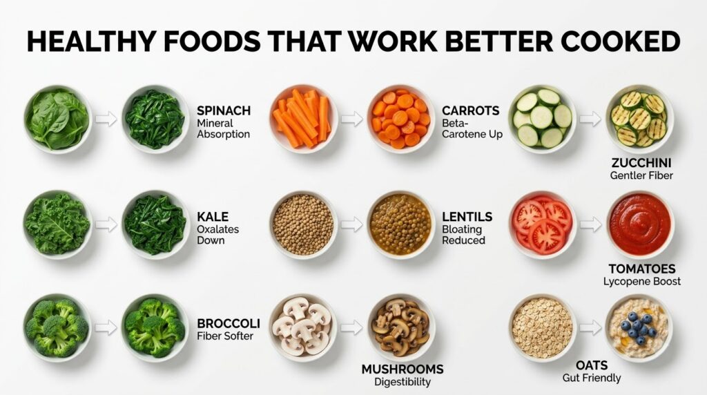 An infographic showing eight different healthy foods each presented in a raw state and a cooked state with text explaini