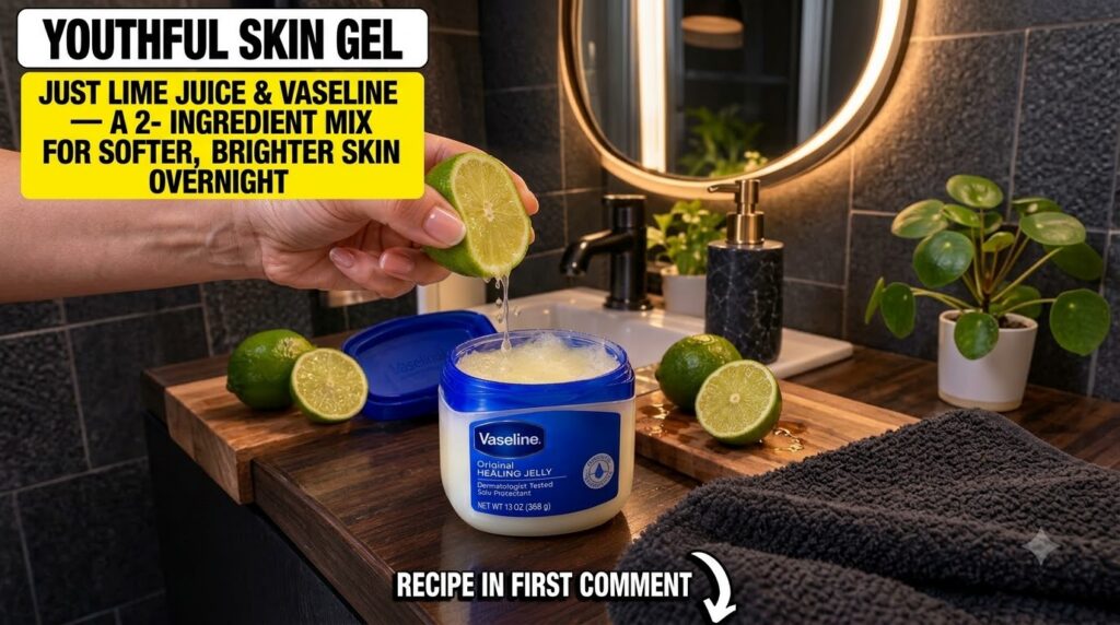 A hand squeezing a cut lime with juice visibly dripping into an open jar of Vaseline Original Healing Jelly On a wooden