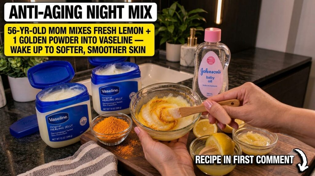 Hands mixing Vaseline turmeric lemon and baby oil in a glass bowl on a wooden board