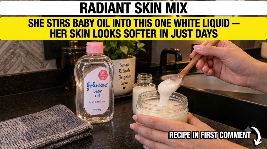Close-up of hands mixing a homemade skincare solution in a clear glass jar with a wooden spoon Johnson s Baby Oil bottle