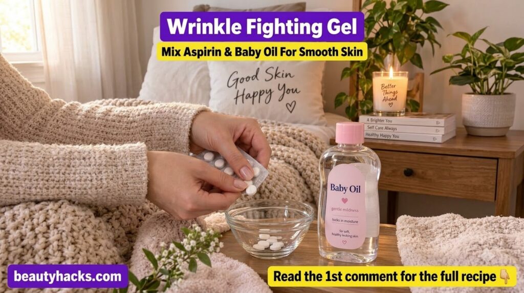 Close-up of hands preparing a DIY beauty recipe pressing white aspirin pills into a small glass bowl next to a bottle of