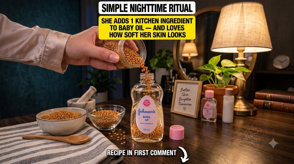 A hand pouring turmeric powder from a small glass jar into a bottle of baby oil A bowl of turmeric powder is on the side