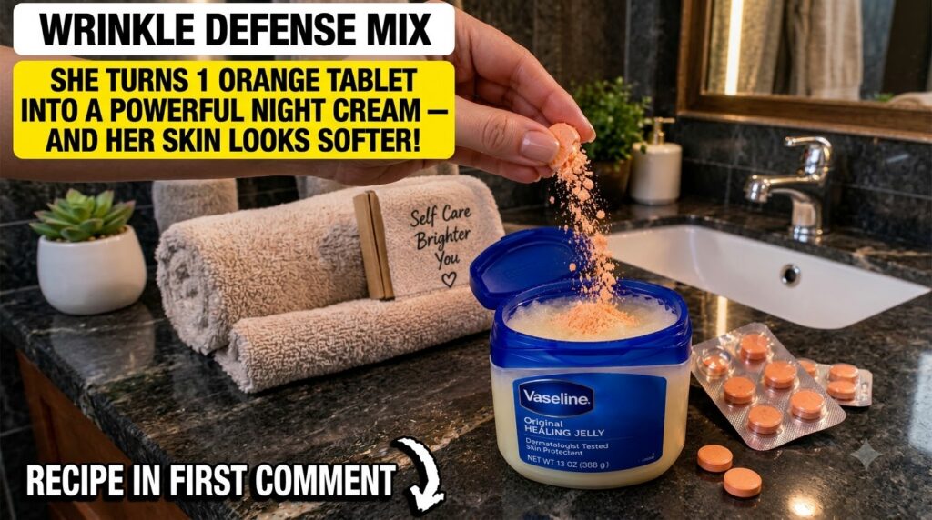A hand crumbling an orange Vitamin C tablet into a small tub of Vaseline Original Healing Jelly with a blister pack of t