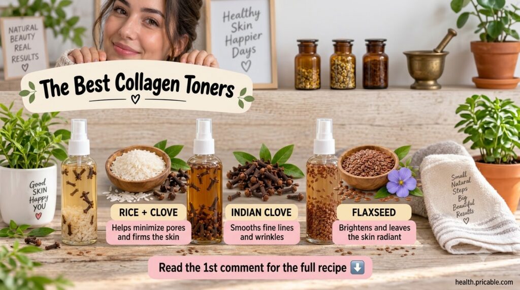 A visually organized flat lay showing natural ingredients like rice cloves and flaxseeds alongside three clear glass spr