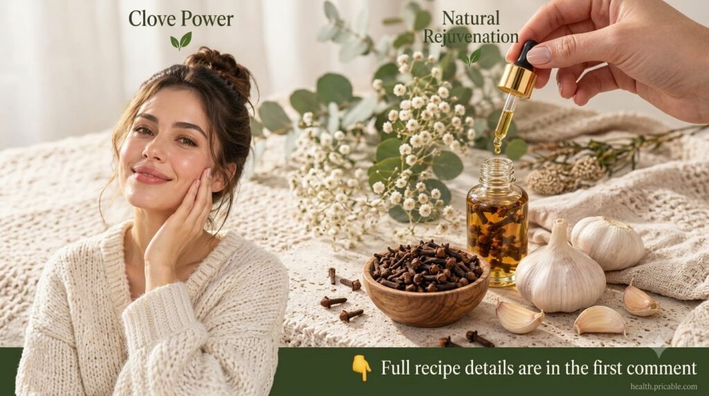 A woman smiling and touching her glowing face blending into a tabletop scene with a wooden bowl of dried cloves a droppe