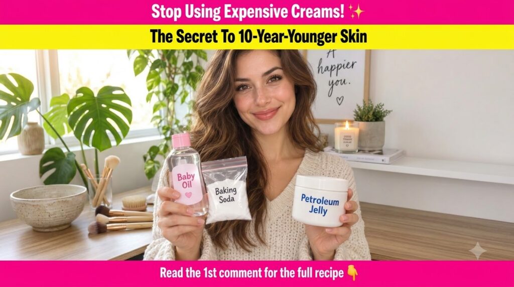 A smiling young woman holding petroleum jelly baby oil and baking soda suggesting affordable DIY beauty solutions Her ex