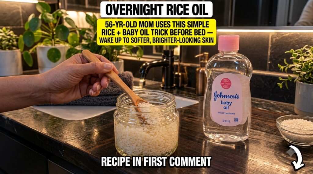 A hand holding a wooden spoon stirring raw rice soaking in baby oil within a clear glass jar with a bottle of baby oil a
