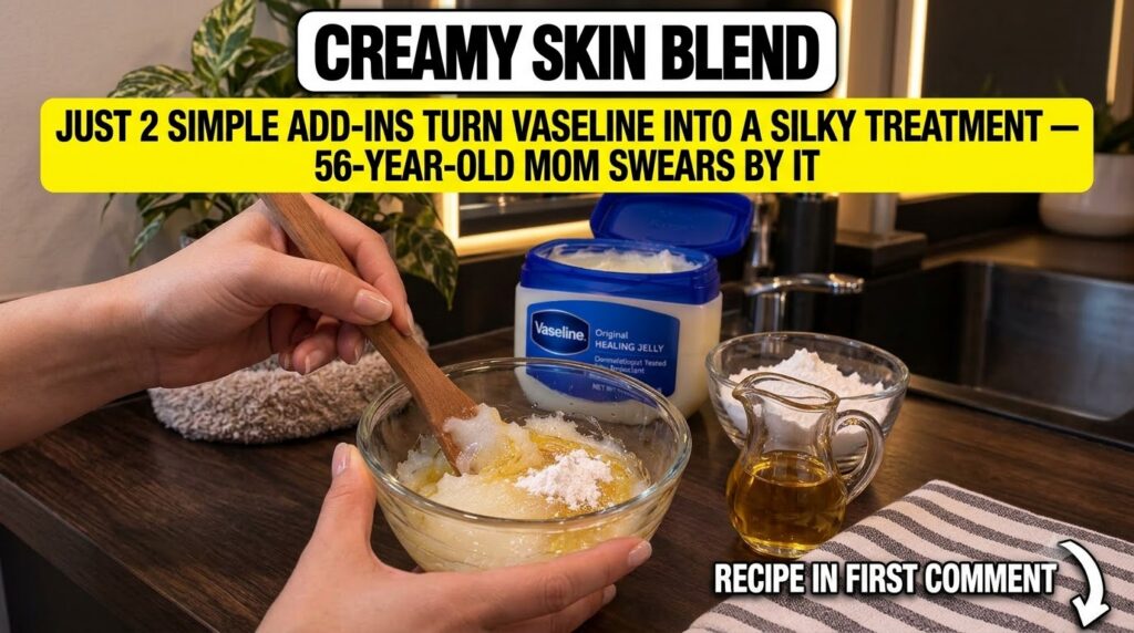 A close-up of a hand gently stirring a mixture of Vaseline rice powder and almond oil in a clear glass bowl Ingredients 