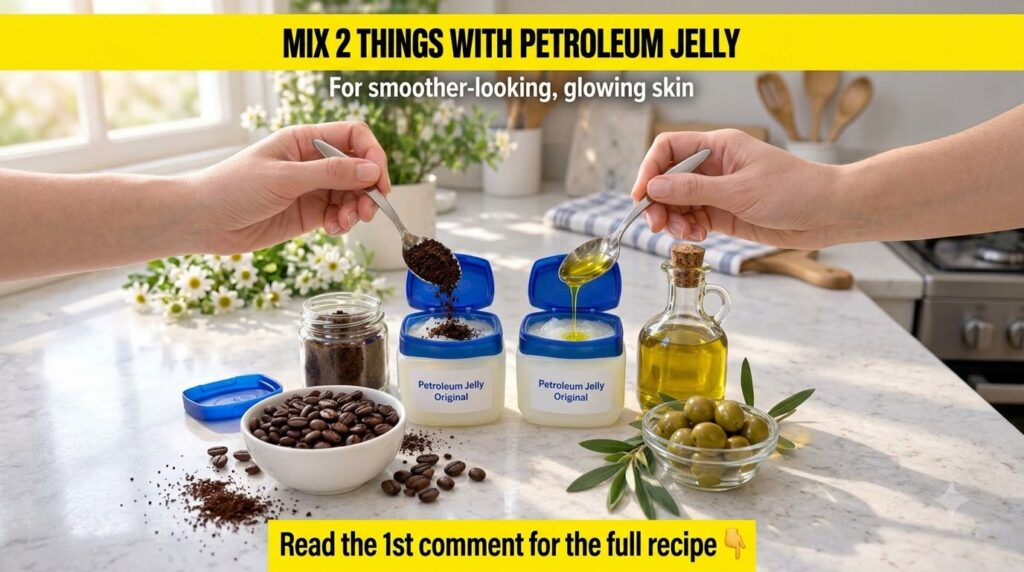 Two hands mixing coffee grounds into one jar of petroleum jelly and olive oil into another with raw ingredients scattere