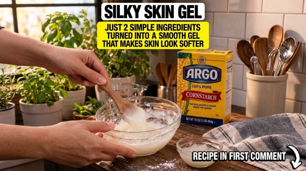 Close-up of hands mixing a translucent thick cornstarch gel in a clear glass bowl with a wooden spoon with a box of corn
