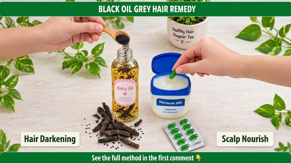 A top-down shot showing a bottle of Johnson s Baby Oil with black seeds being poured into it from a wooden spoon Dried r