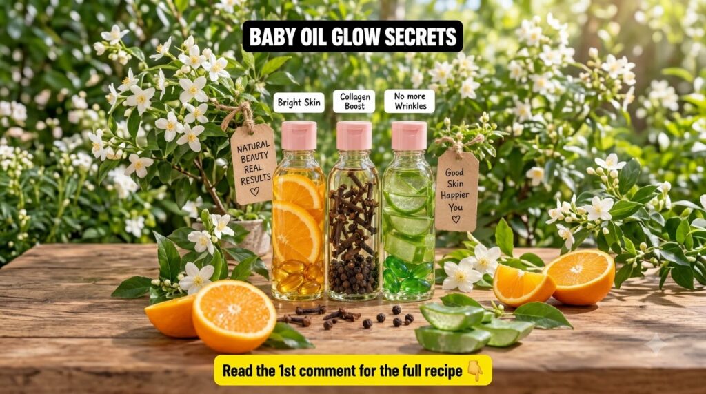 Three small clear bottles with pink caps filled with oil and natural ingredients orange slices cloves aloe vera and caps