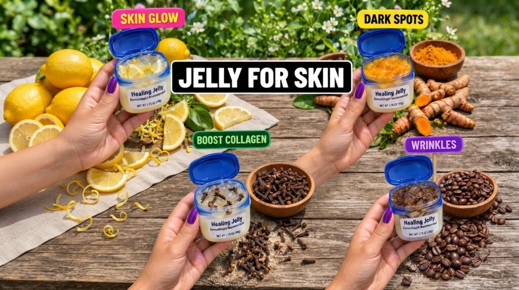 A 2x2 collage showing hands with purple nail polish holding small containers of clear jelly mixed with natural ingredien