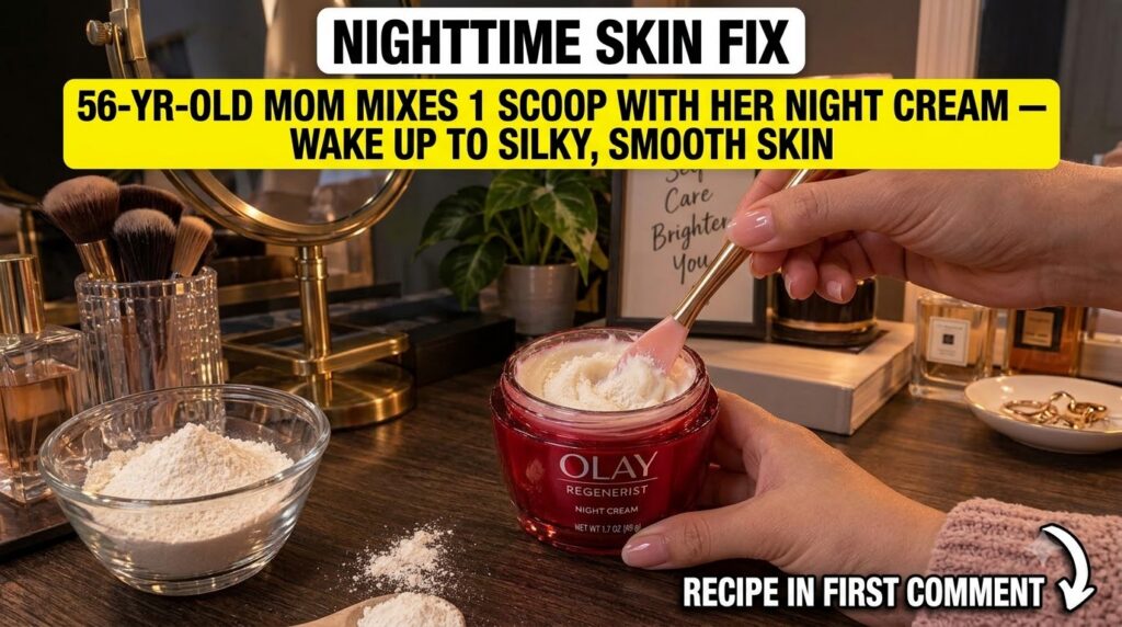A woman s hand using a pink spatula to mix fine white rice powder into a jar of Olay Regenerist Night Cream A small bowl