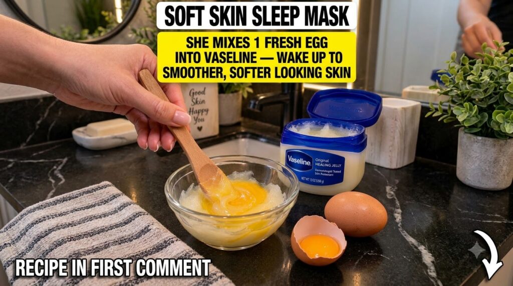 A close-up of a hand mixing bright yellow egg yolk into white Vaseline in a clear bowl with a wooden spoon