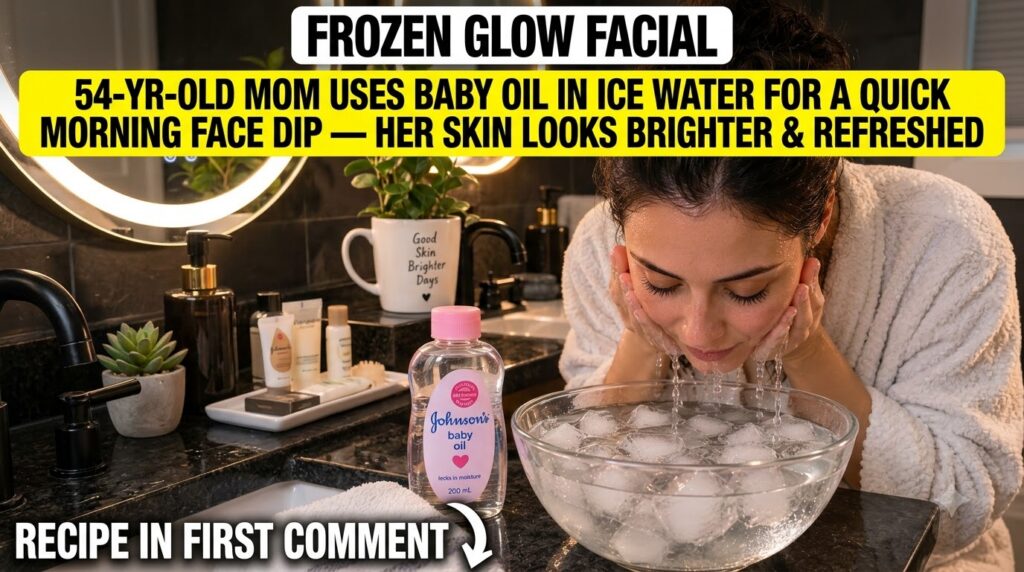 A woman in a bathrobe dipping her face into a clear glass bowl filled with ice water with water visibly dripping from he