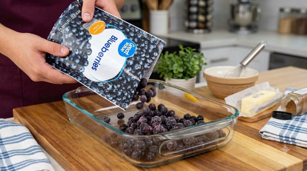 Hands pouring frozen blueberries into a clear rectangular Pyrex baking dish on a wooden cutting board