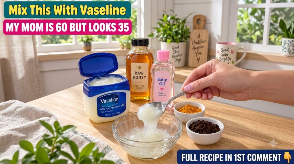 A close-up of a DIY beauty setup on a wooden kitchen counter showing a hand scooping petroleum jelly into a mixing bowl 