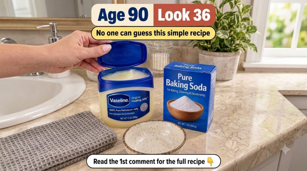 An open jar of Vaseline Petroleum Jelly a box of Pure Baking Soda and an empty speckled ceramic bowl on a light bathroom
