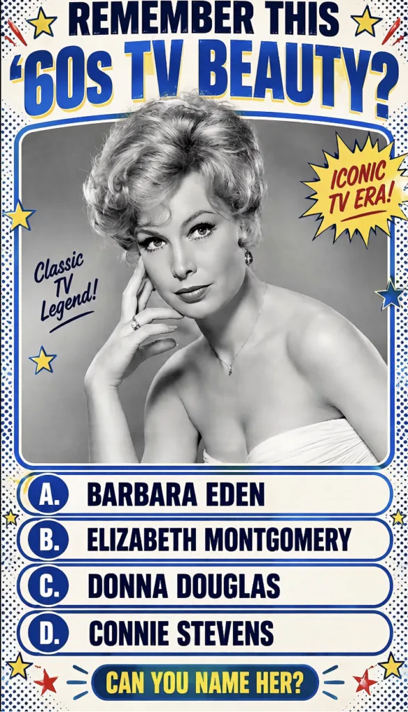 A black and white portrait of Barbara Eden smiling with her hand near her face in a retro pop-art quiz style with 60s TV