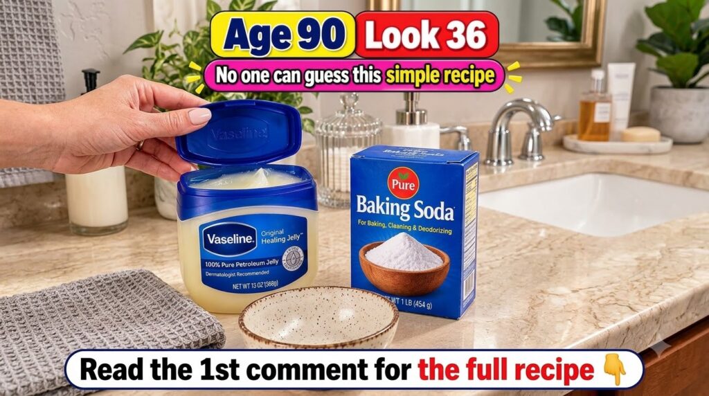 A hand opening a jar of Vaseline petroleum jelly next to a box of baking soda and an empty ceramic bowl on a bathroom co