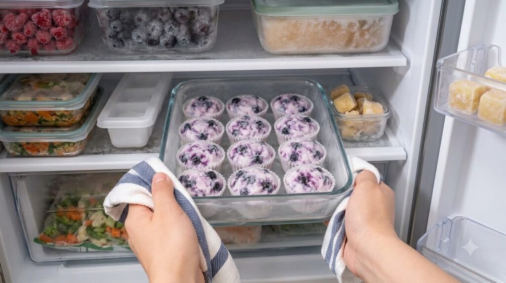 Hands placing a glass baking dish with twelve frozen blueberry muffins into a freezer The muffins have visible blueberri