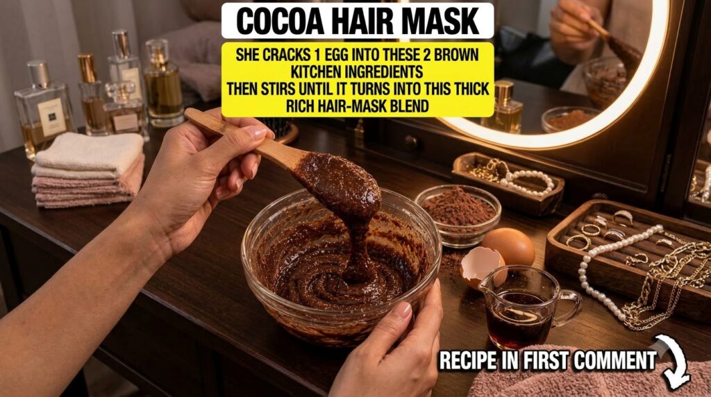A close-up of hands mixing a dark brown hair mask in a glass bowl with a wooden spoon surrounded by cocoa powder whole e
