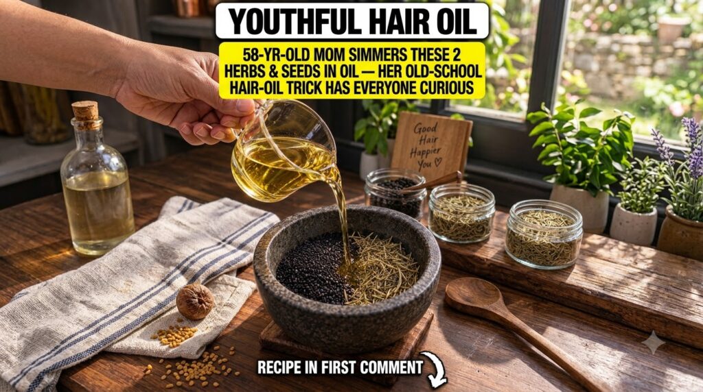 A hand pouring golden oil from a glass measuring cup into a rustic stone bowl filled with dark seeds and dried rosemary 