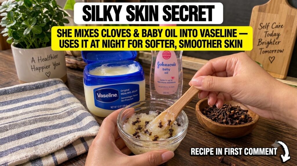 Hands preparing the homemade beauty mixture in a glass bowl with Vaseline clove and oil surrounded by ingredients like w