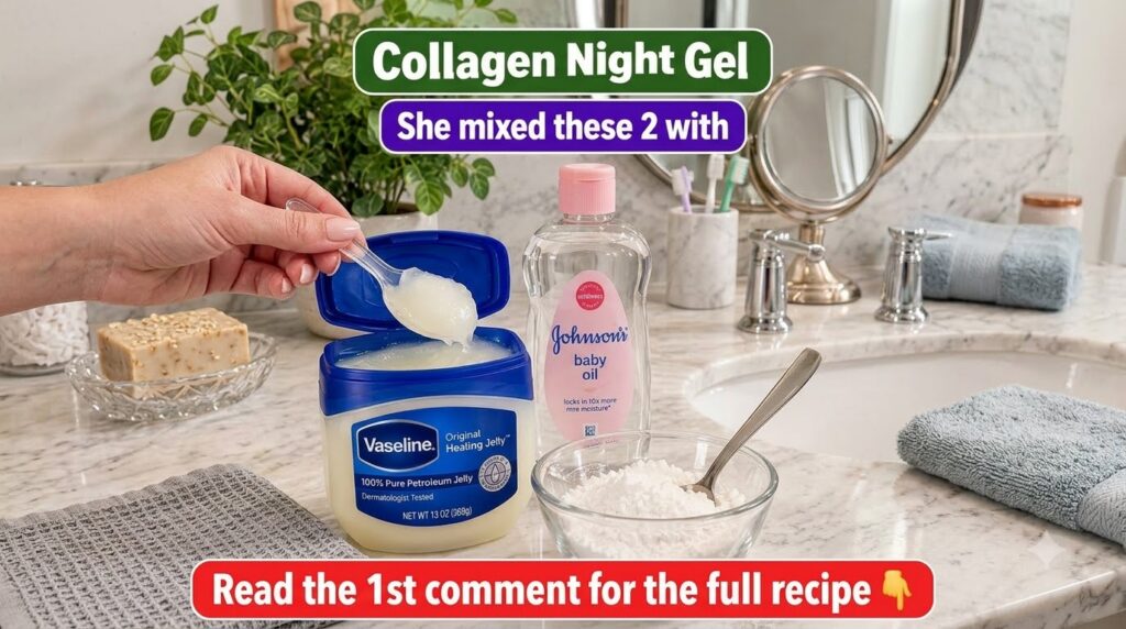 A hand scooping Vaseline from a tub with baby oil and a bowl of white powder cornstarch on a bathroom counter ready for 