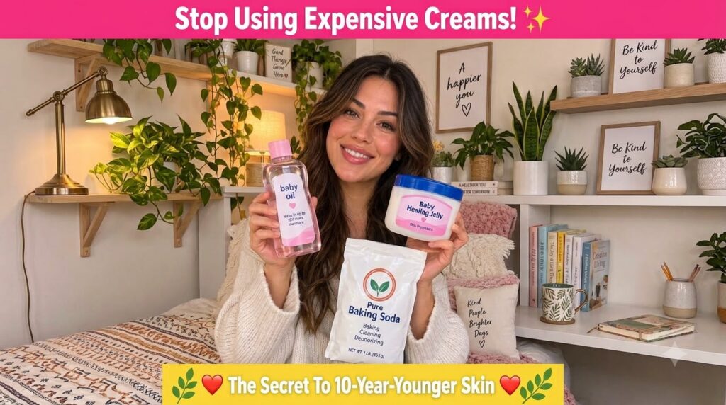 A friendly woman smiling and holding up a bottle of baby oil a tub of healing jelly and a bag of baking soda The backgro