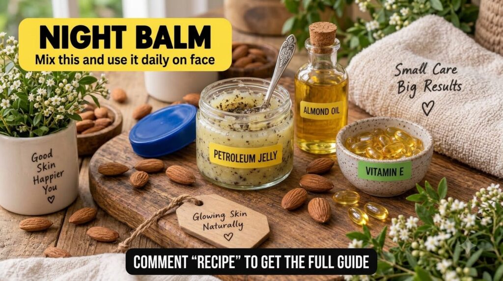 A flat lay composition showing ingredients for a DIY night balm a jar of petroleum jelly mixed with a dark granular subs
