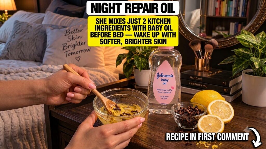 Hands mixing lemon zest and cloves with baby oil in a glass bowl with a bottle of baby oil and fresh lemons nearby in a 