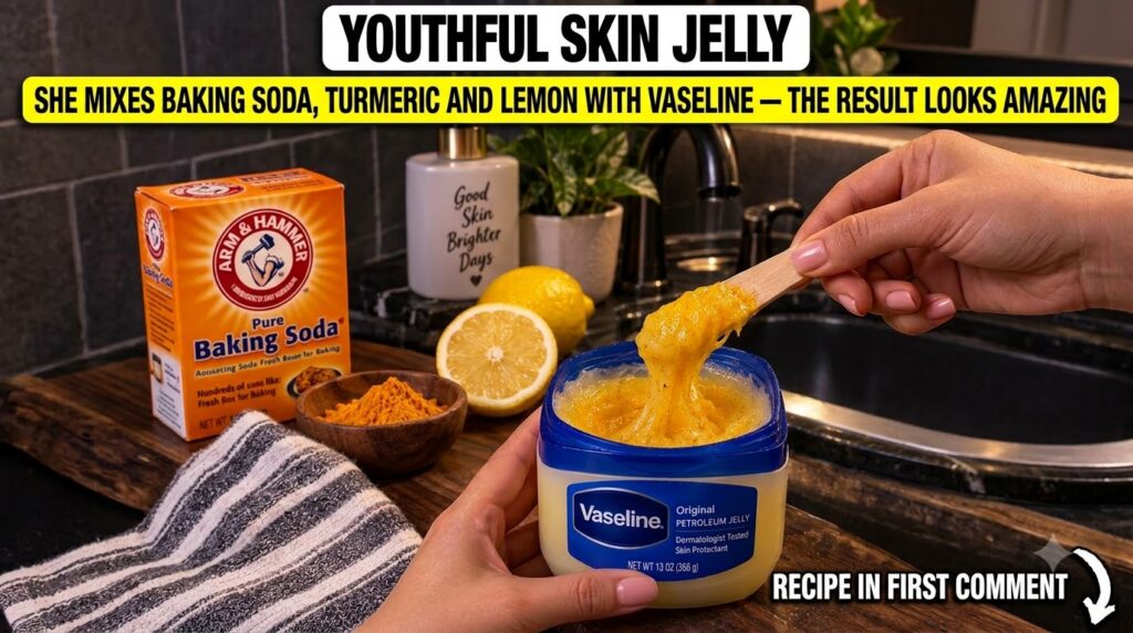 Hands stirring a yellow creamy mixture in a Vaseline jar with a wooden spoon with baking soda turmeric and lemons in the