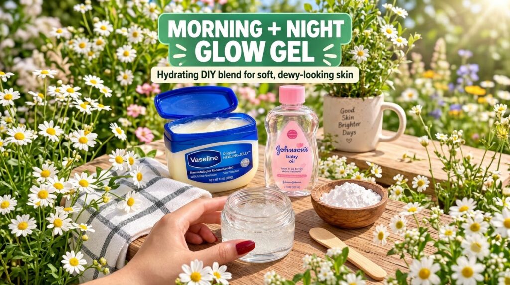 A woman s hand holding a small glass jar of clear bubbly gel surrounded by a container of Vaseline a bottle of Johnson s