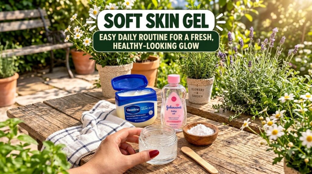 A person s hand holding a small glass jar of clear gel on a wooden surface surrounded by an open tub of Vaseline a bottl
